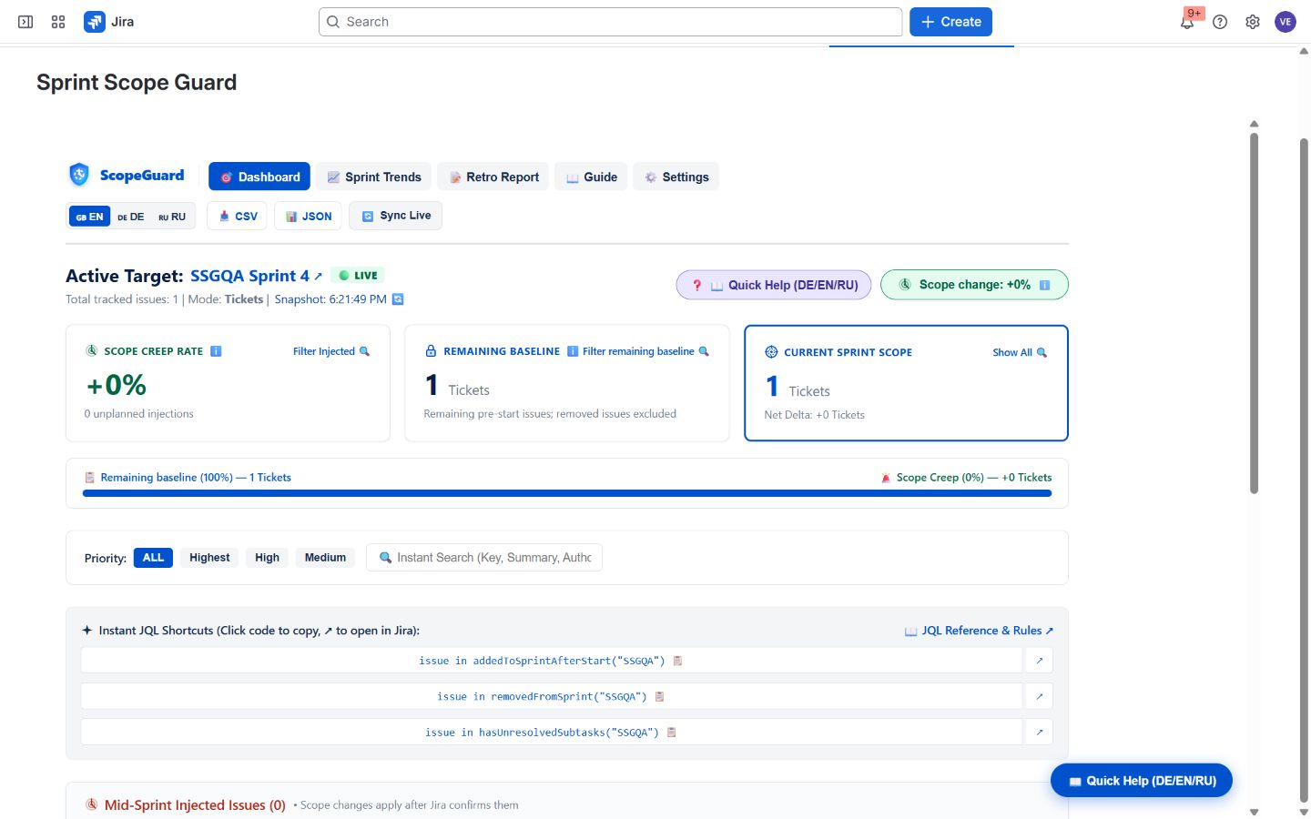 Sprint Scope Guard dashboard in a Jira QA workspace showing Sprint 4 with one tracked issue and zero added issues.